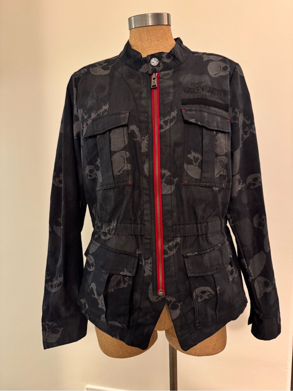 Harley-Davidson Black Jacket with Red Zip and Skull Print